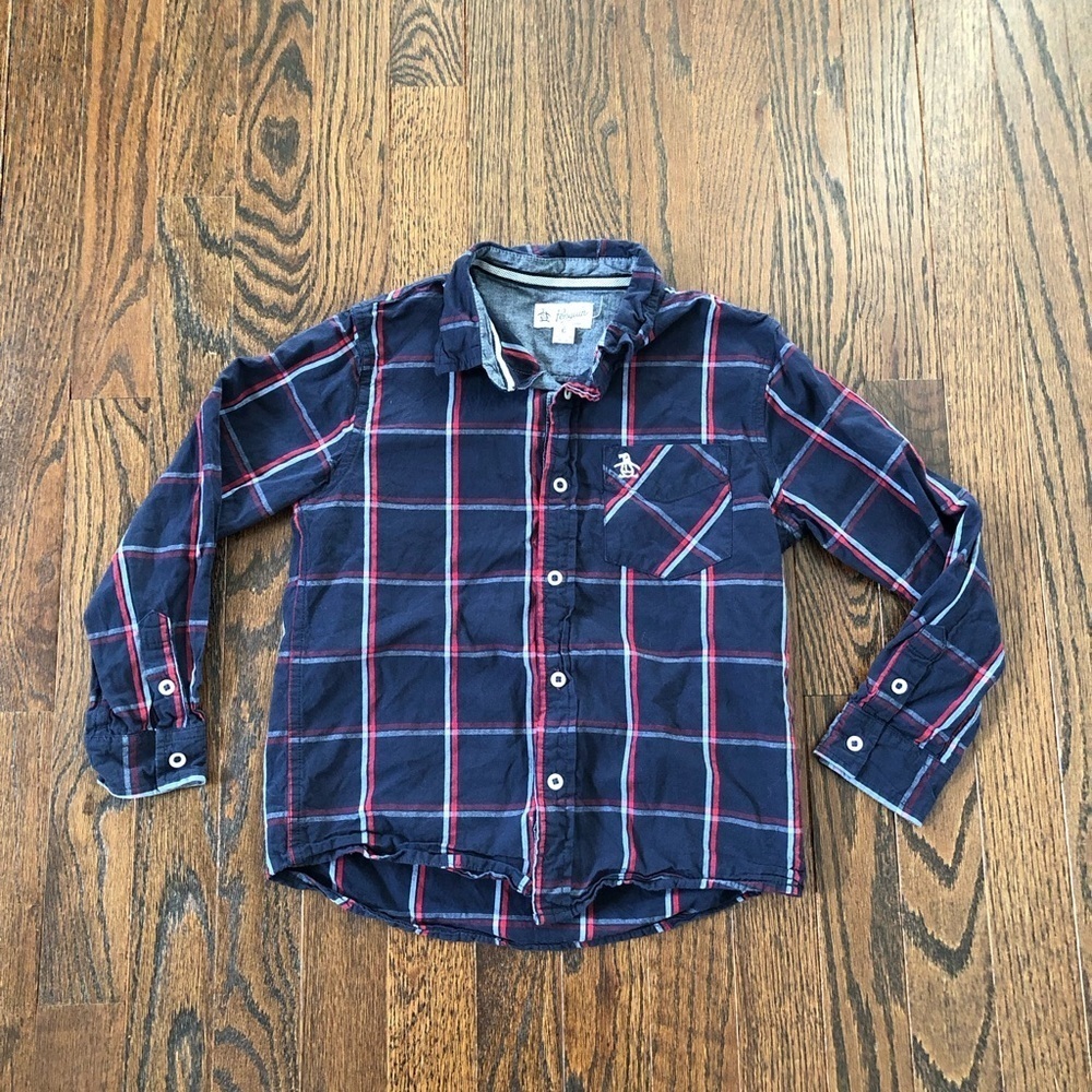 Original Penguin Boys 6 Navy Blue Red/White Plaid Long-Sleeve Button-Down - VGUC